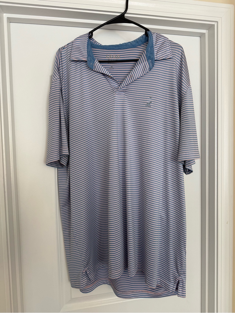Izod Blue & White Micro-Stripe Polo with Denim-Style Collar